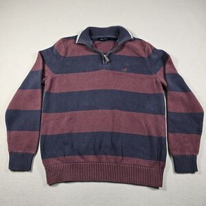 Nautica Men's Small 1/4 Zip Pullover Sweater Red Black Stripe Embroidered Logo